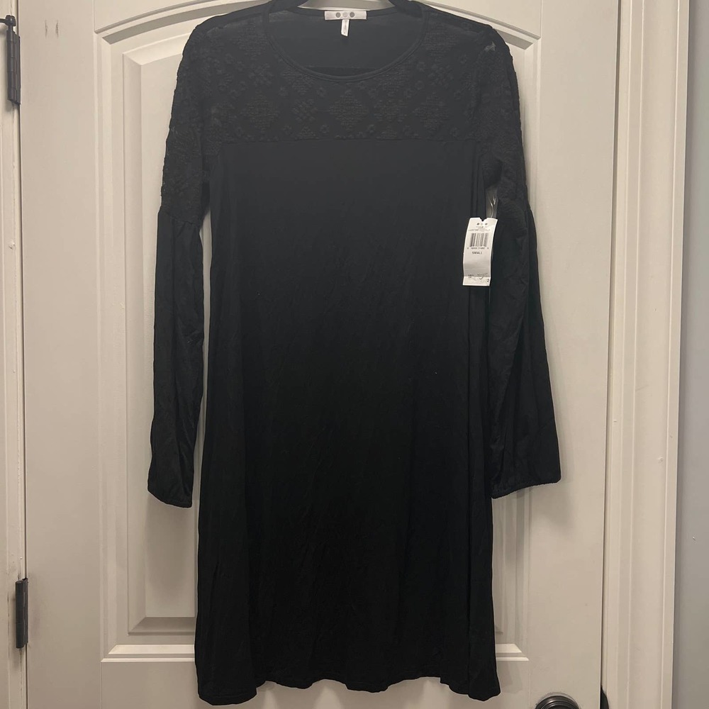 NEW 3 Dots Women's Black Lace Long‎ Sleeve Crewneck Pullover Midi Dress Size S